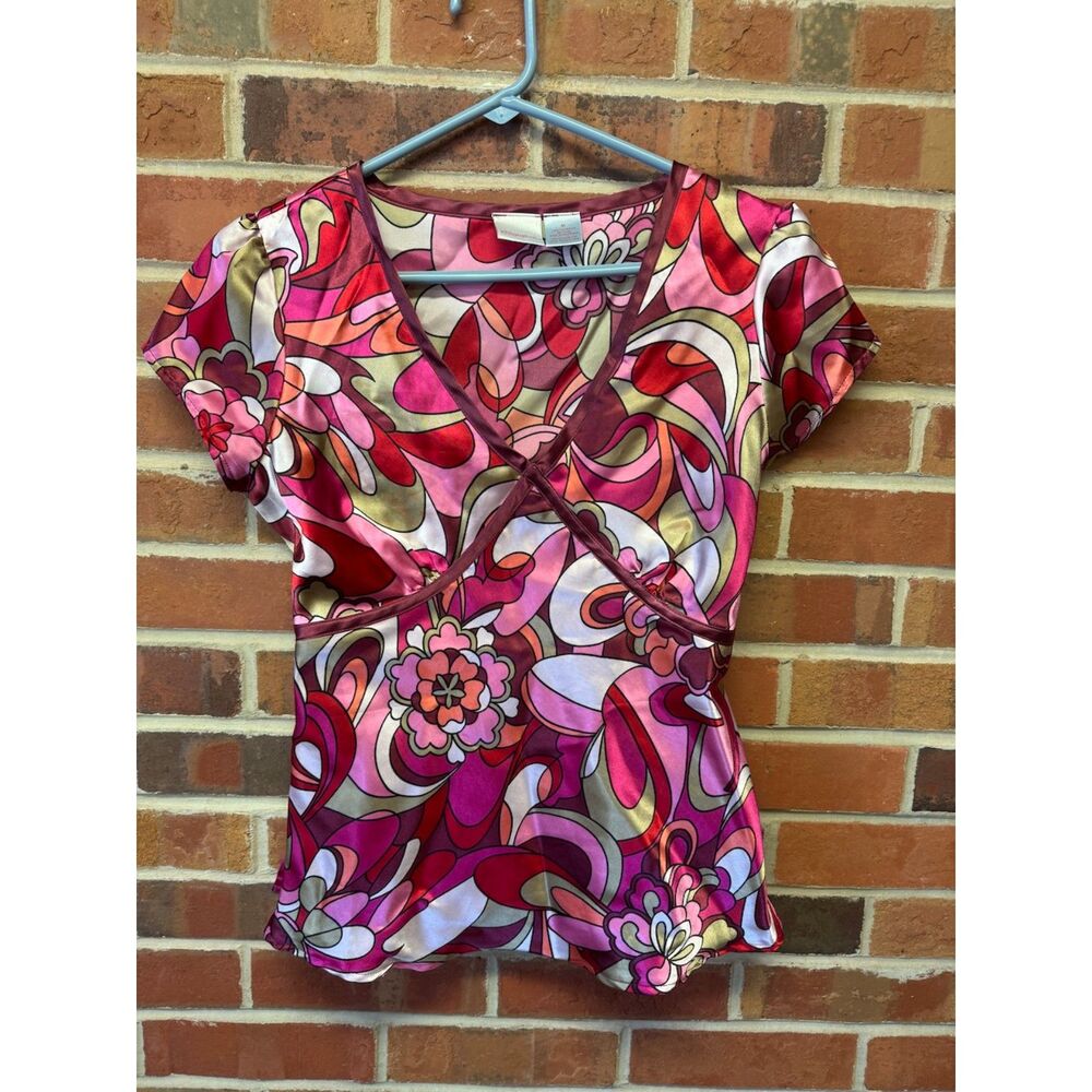 Y2K Pink Psychedelic Floral Blouse Xhilaration V Neck Top M
